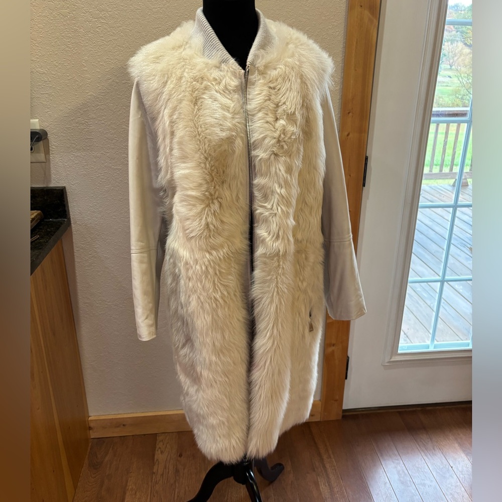 Vince Long Cream Lamb Leather and Real Fur Coat XL shearling x-large